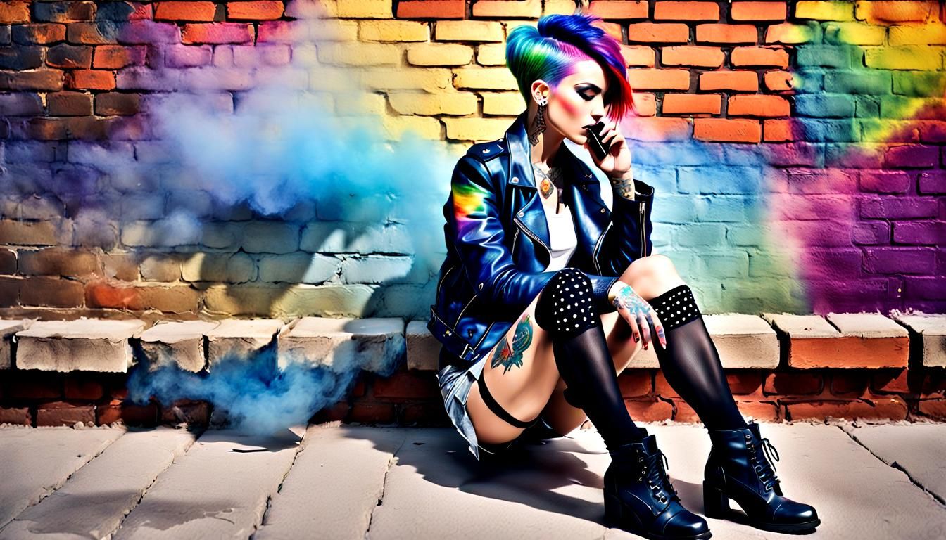 Edgy Girl with Rainbow Hair in Watercolor Style