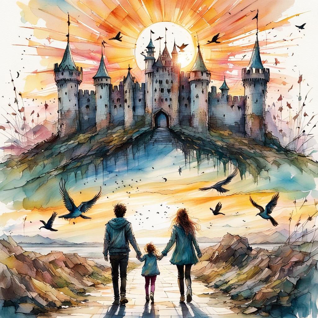 Fantasy Castle Sunset: Boy and Girl Holding Hands