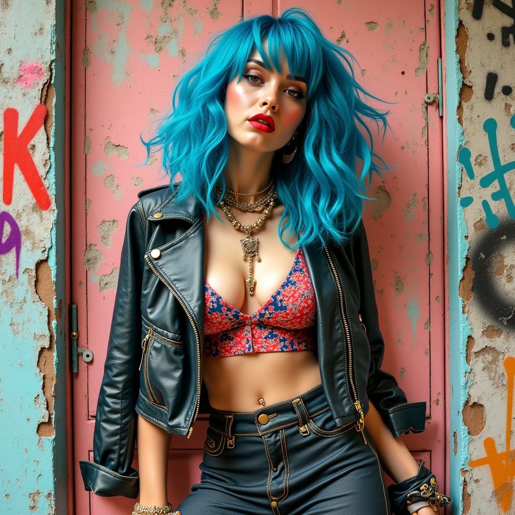 Edgy Street Art Collage of a Woman with Blue Hair