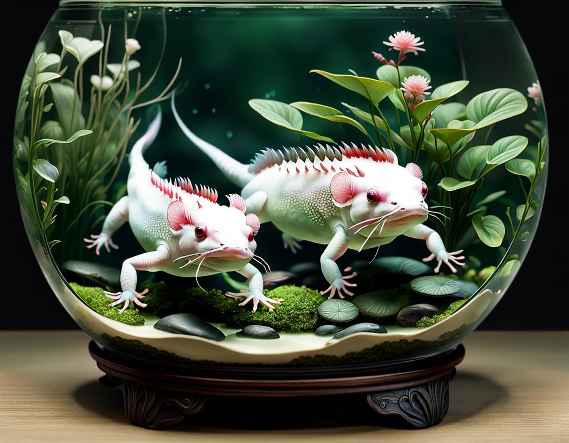 Surreal Aquatic Scene of Axolotls in a Japanese Teahouse