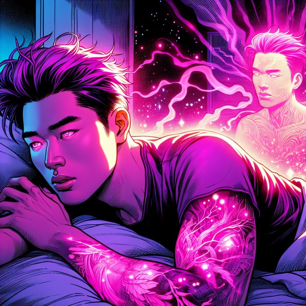Magenta Haired Man with Glowing Tattoos, Comic Art