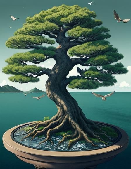Bonsai Tree with Birds in Painterly Style