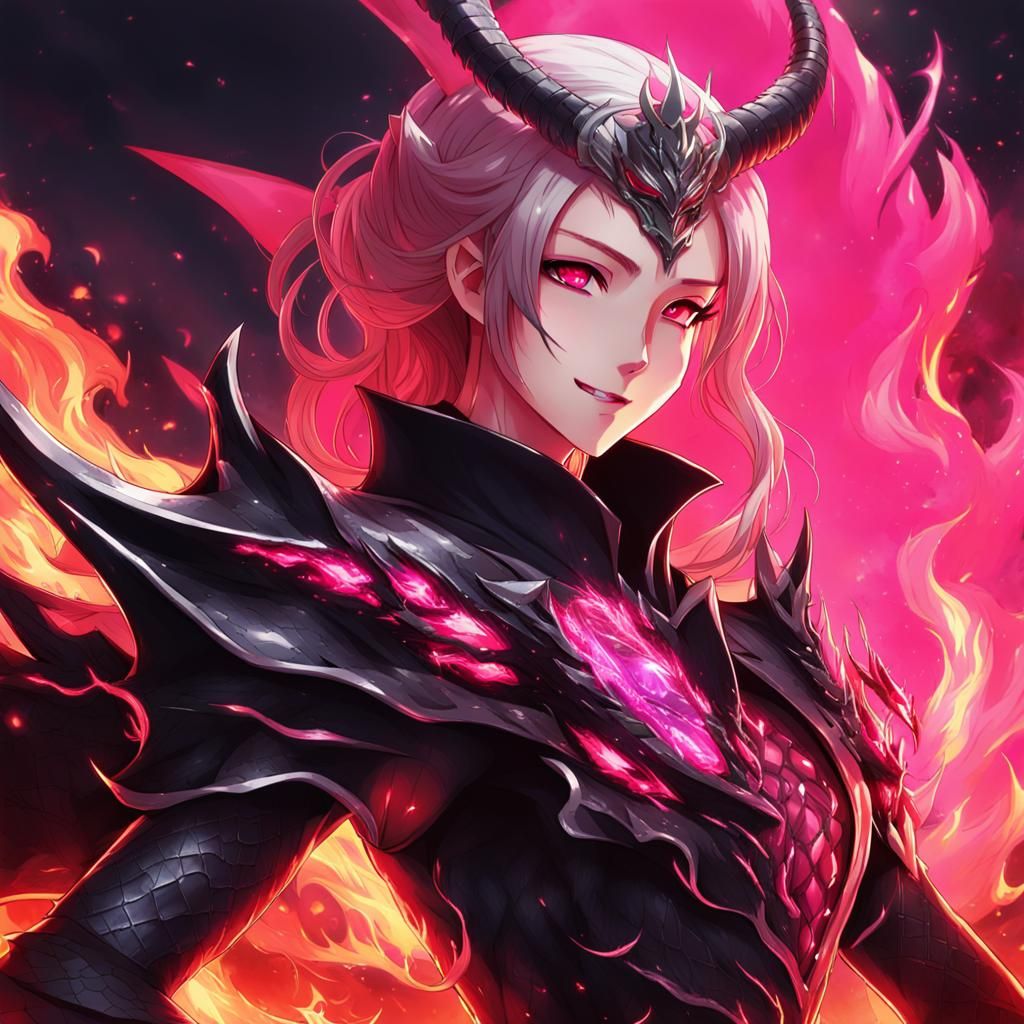 Dark Fantasy Demon Queen with Dragon in Anime Style