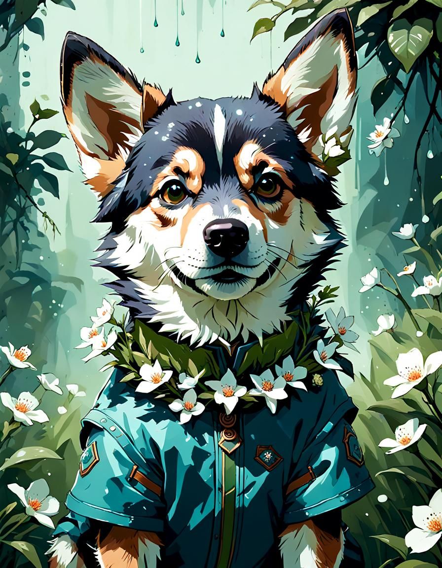 Adorable Shepsky in Vibrant Floral Costume, Digital Art