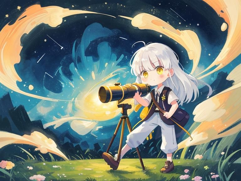 Boy with Telescope Gazing at Starry Sky as Oil Painting
