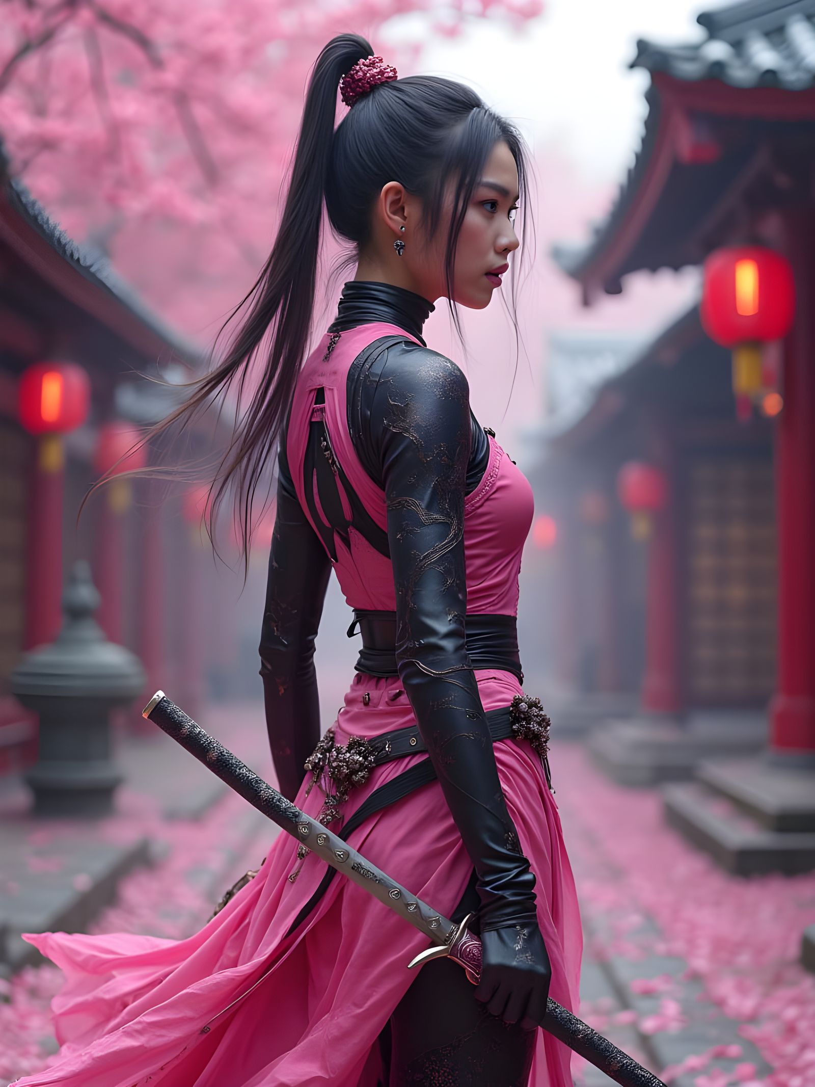 Asian Ninja Lady in Pink and Black with Glowing Blade