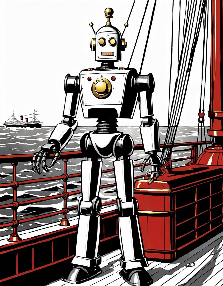 Robot Detective on Clipper Ship in Comic Style