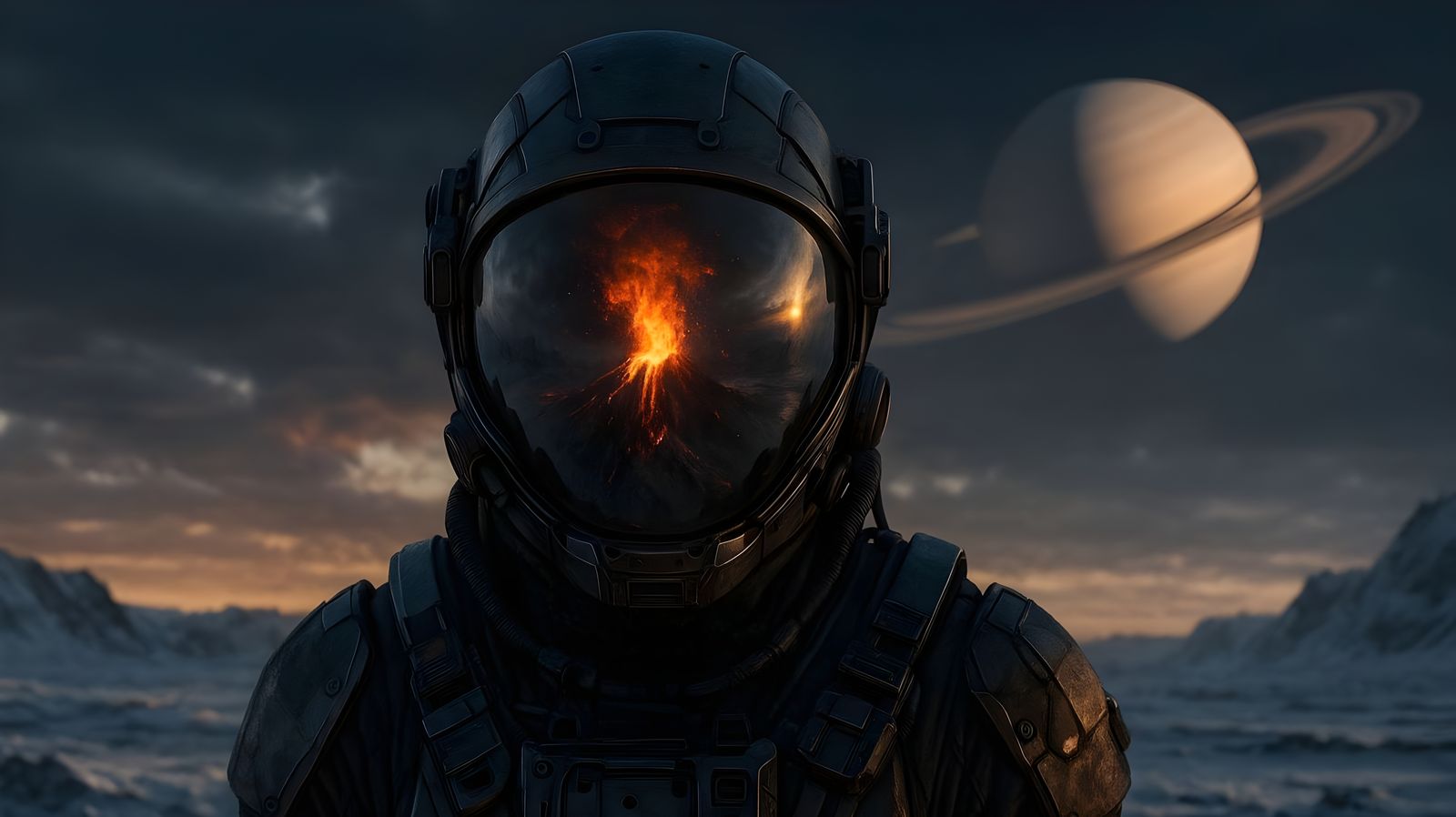 Cyberpunk Astronaut Witnessing Volcanic Eruption on Frozen P...