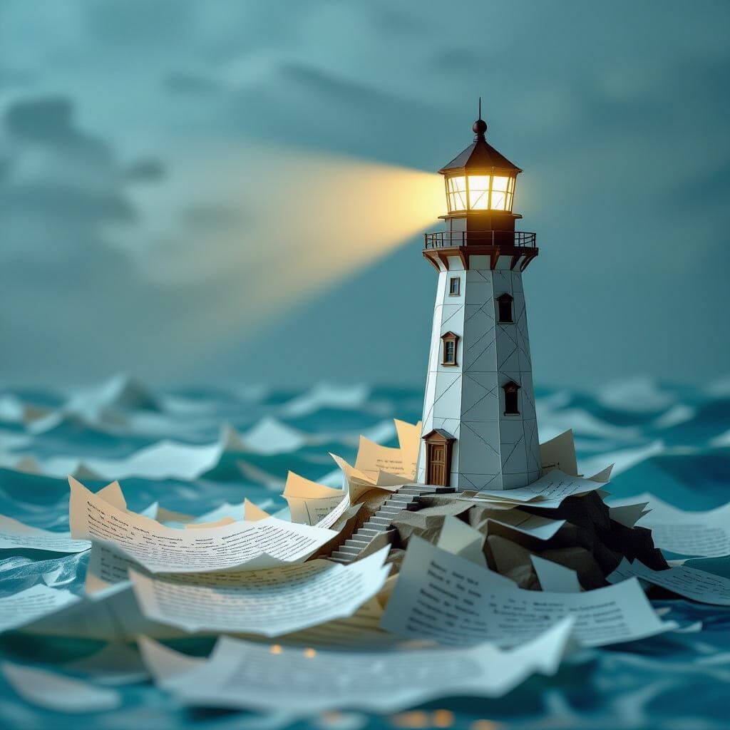 Paper Lighthouse Against a Sea of Pages