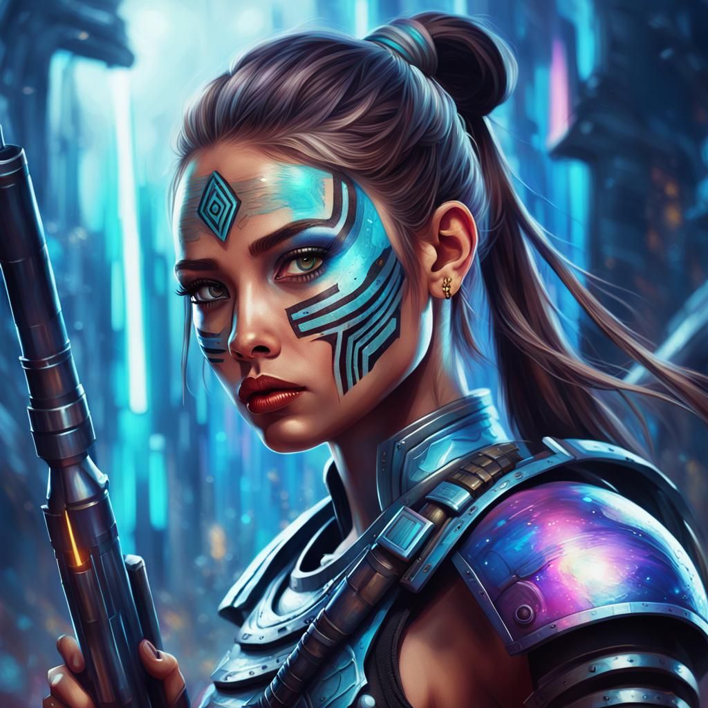 Bazooka-Wielding Tribal Brunette: Fantasy Digital Art