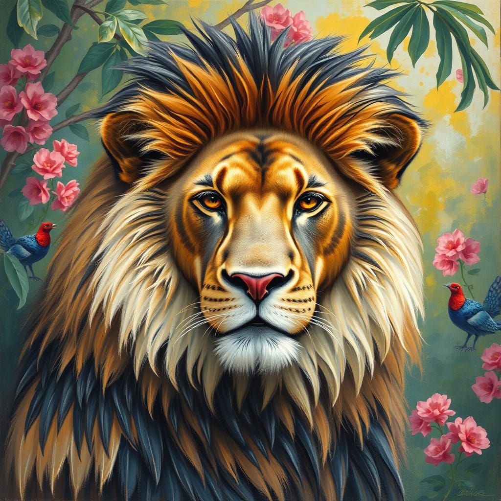 Majestic Lion Surrounded by Vibrant Tropical Landscape