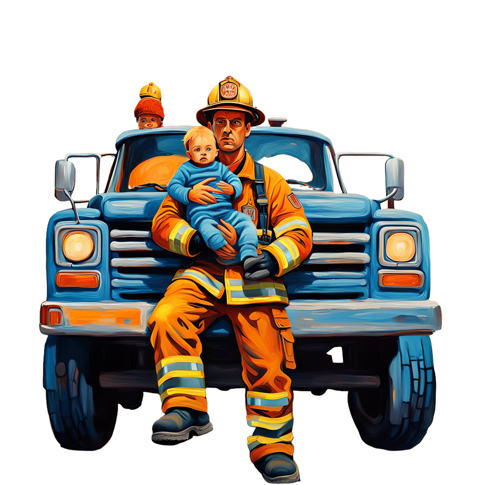 Fireman and Child: Surreal Oil Painting in Dali Style