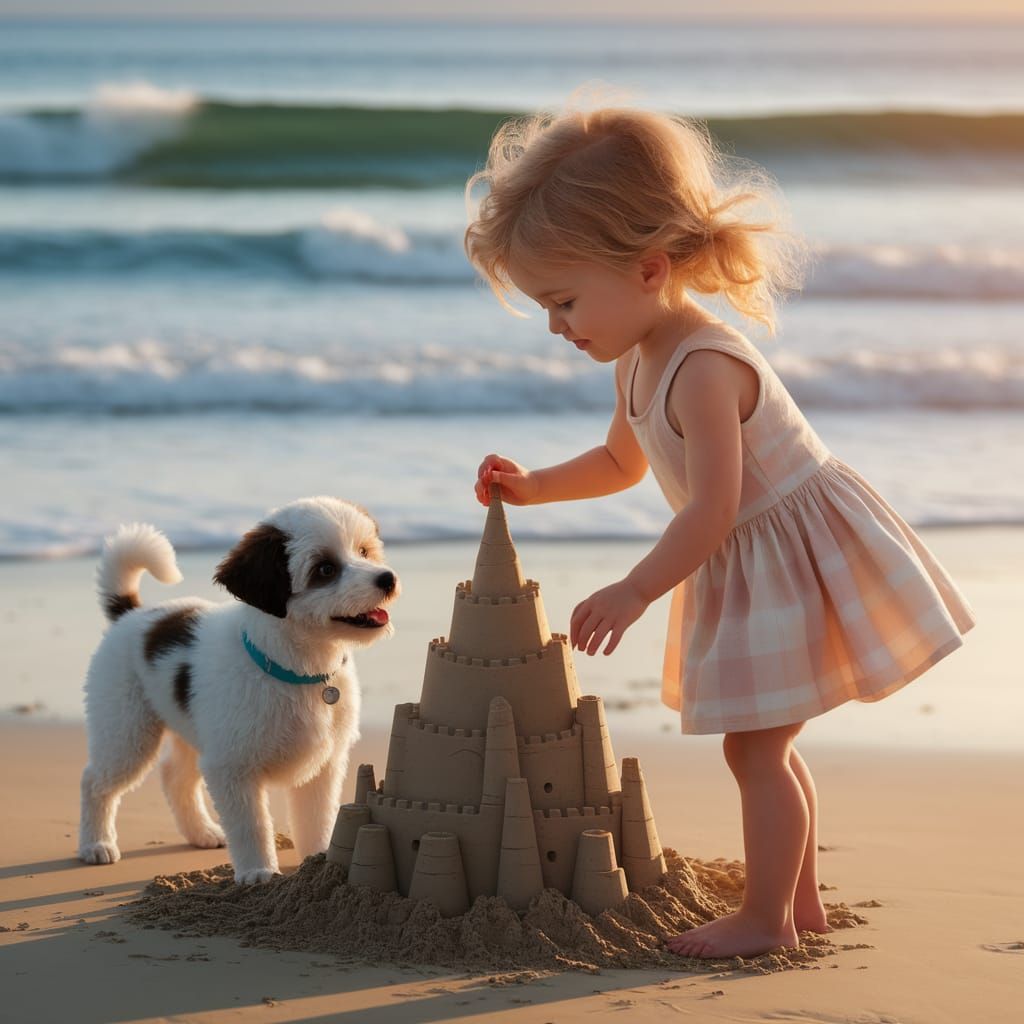 Young Girl Builds Magnificent Beachside Sandcastle in Golden...