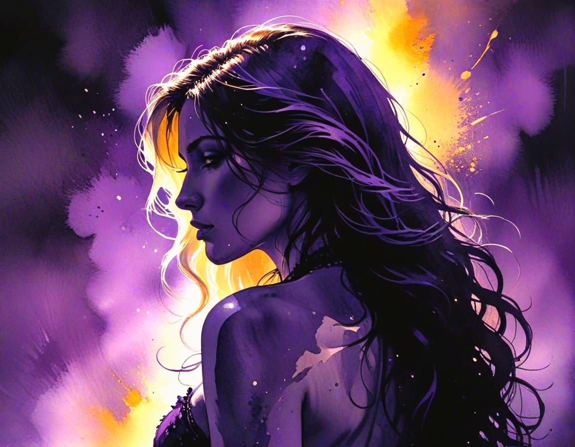 Ballet Dancer Silhouette in Purple Ink and Aquarelle