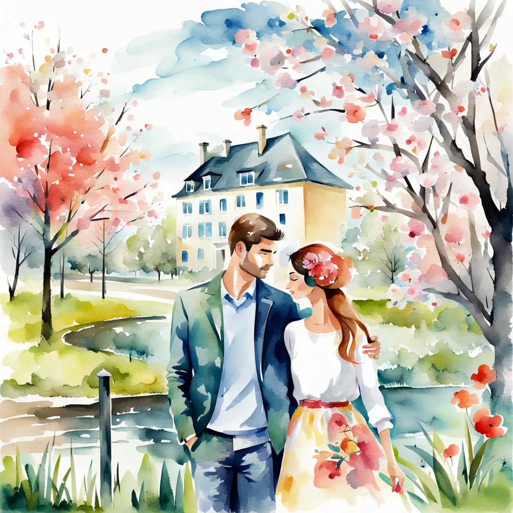 Modern Couple in Spring, Watercolor Style