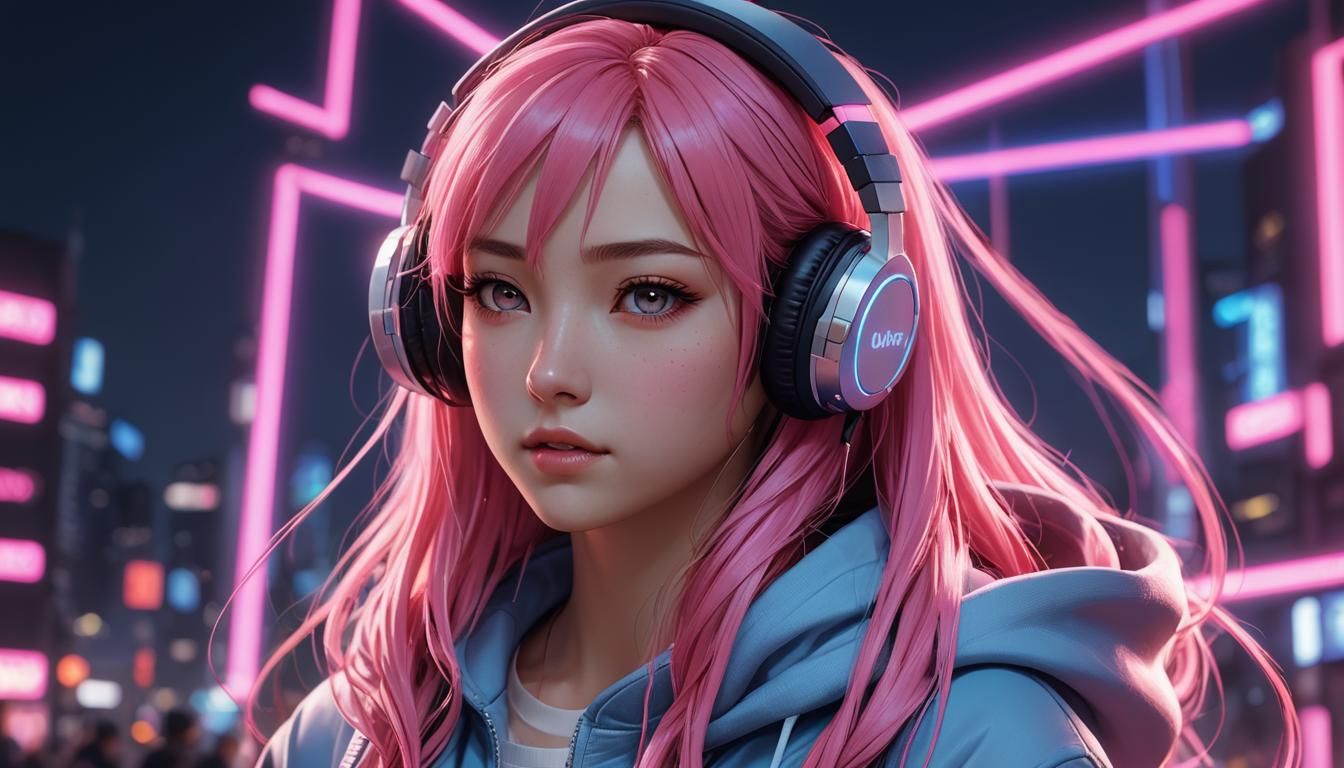 Pink-Haired Girl Listening to Music in Neon Lighting