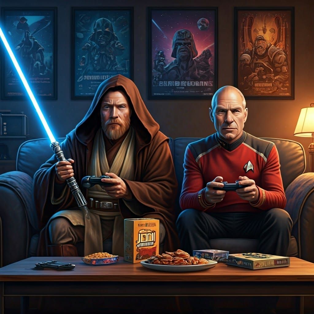 Obi-Wan and Picard Gaming in Cozy Living Room