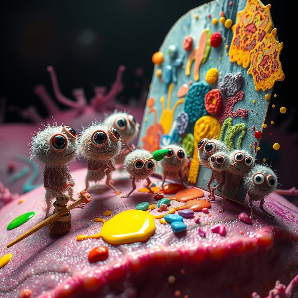 Fuzzy Microbes Paint Abstract Mural on Cell Wall