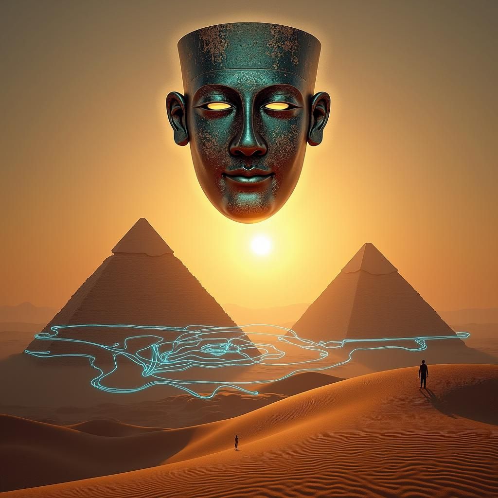 Sanxingdui Mask Over Giza Pyramids in Op Art Style
