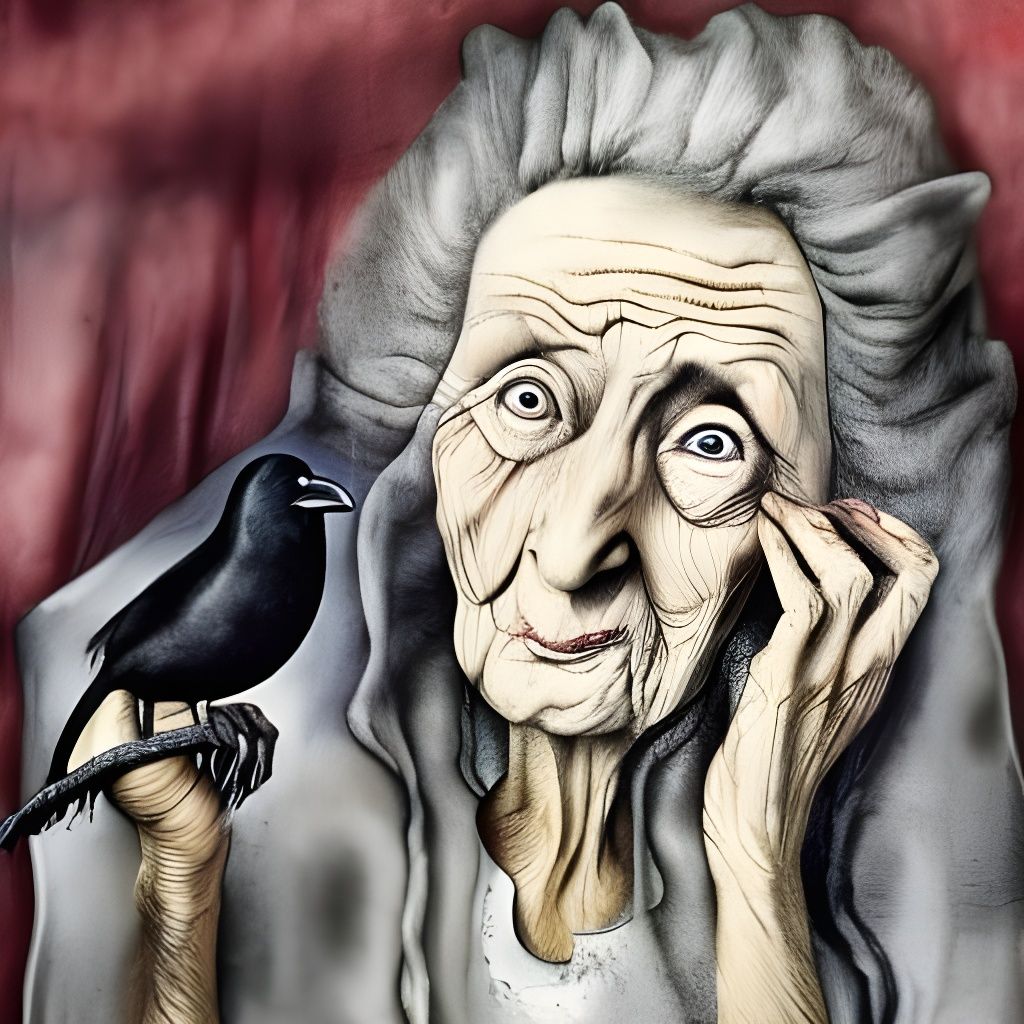 Crone. Old crone feeding a crow, shabby cloths, pen and wate...