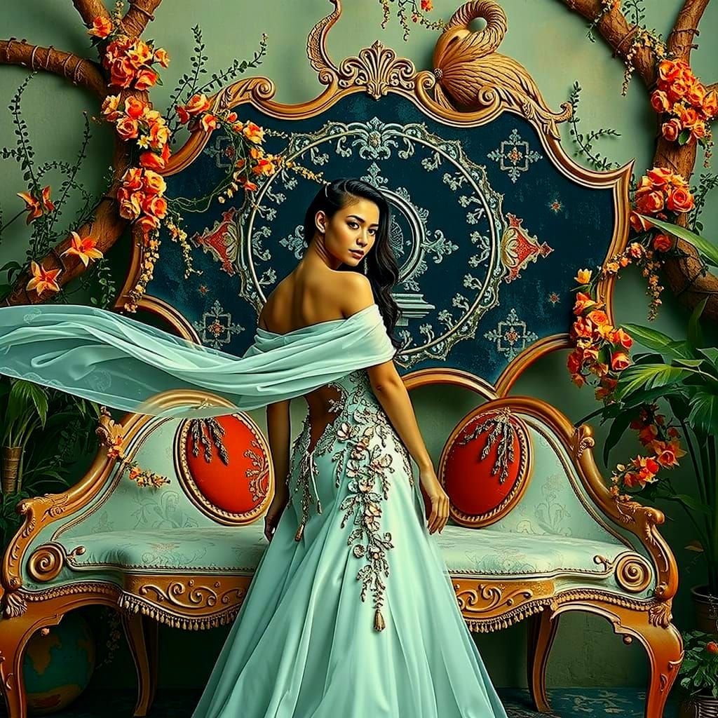 Elegant Woman Posing in Lush Environment, Hyperrealistic Sty...