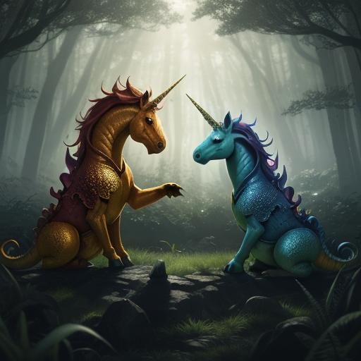 Unicorn and Dragon Play Fight in Mystical Forest