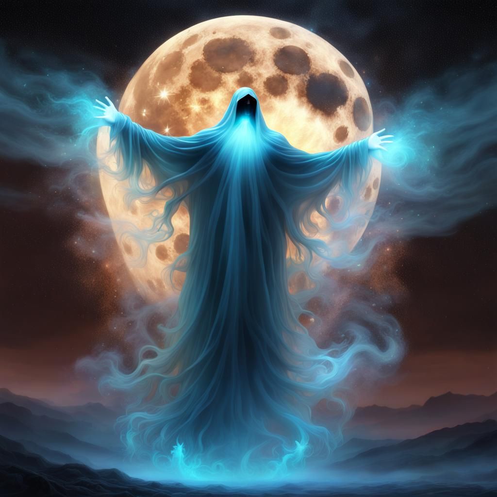 Ethereal Ghost Gazing at Bioluminescent Moon