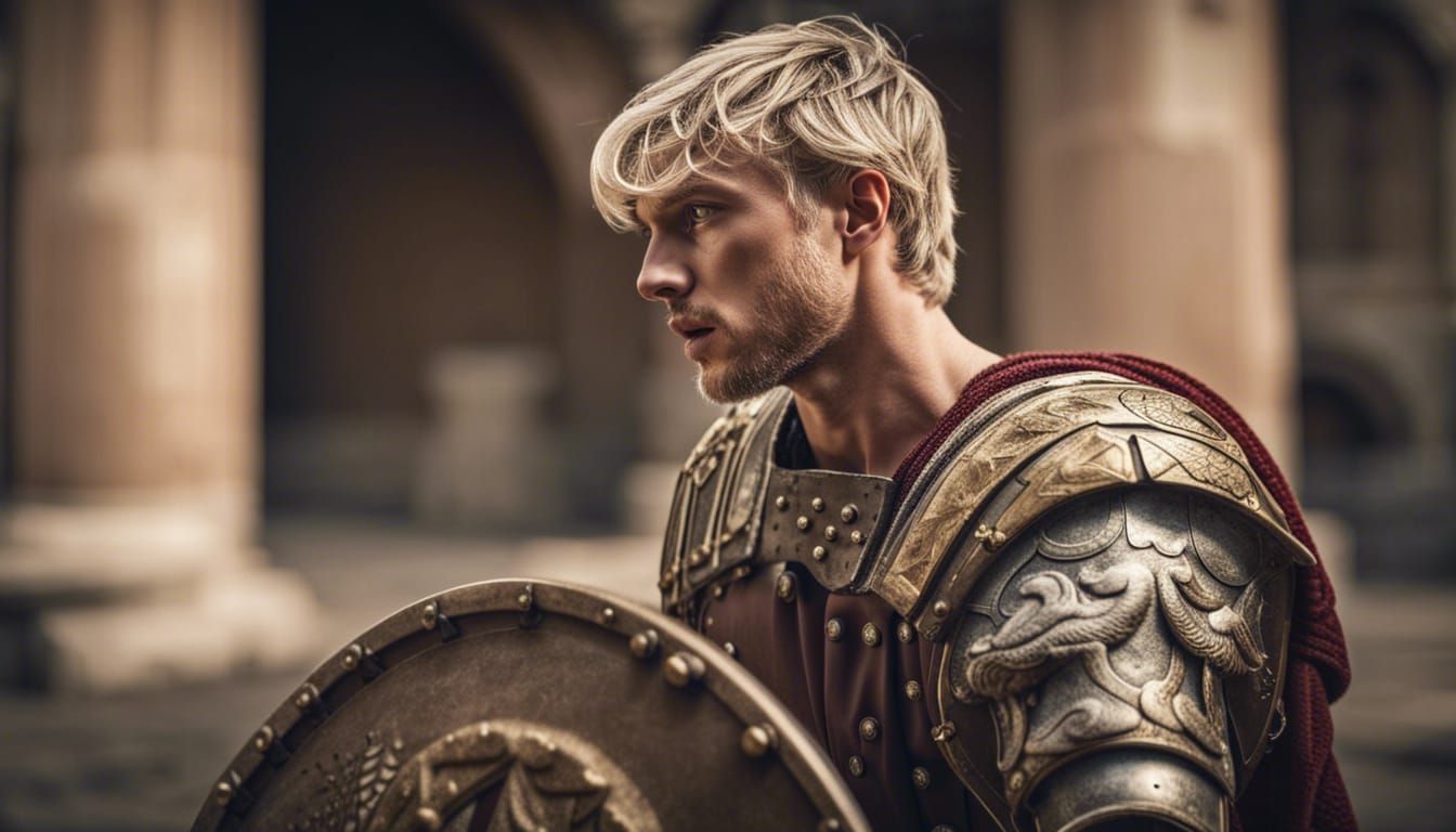 Gladiator Battle: Young Man in Ancient Rome, Hyperrealistic