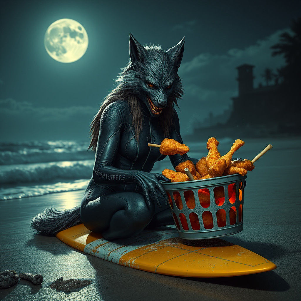 Surreal Werewolf Surfer's Midnight Snack, Detailed Digital A...