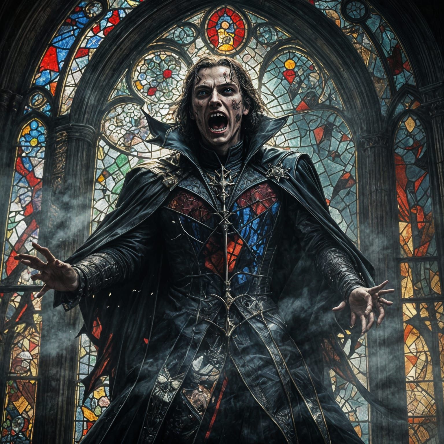 Vampire Leaping Through Stained Glass Window