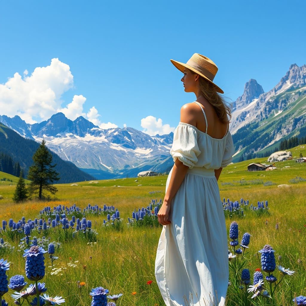 Woman in Alpine Meadow with Animals, Expressionist Style