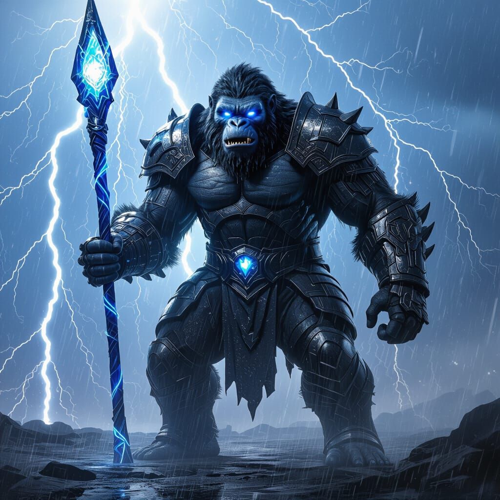 Armored Ape with Blue Staff in Lightning Storm