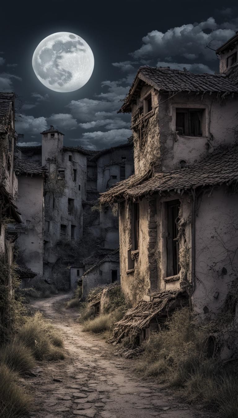Ghosts Walk in Abandoned Village Under Moonlight