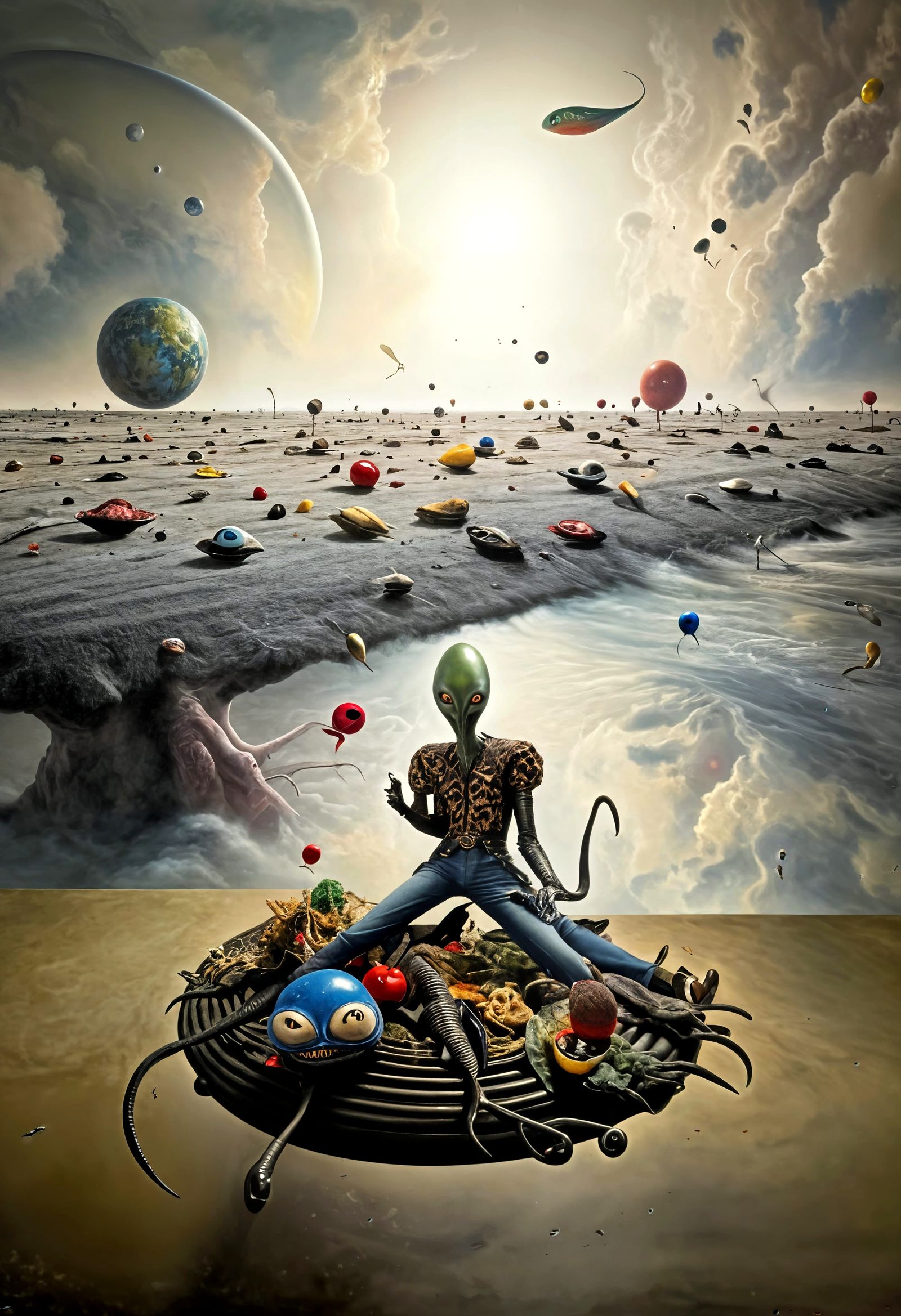 Exotic Aliens Enjoying Banter in Surreal Restaurant