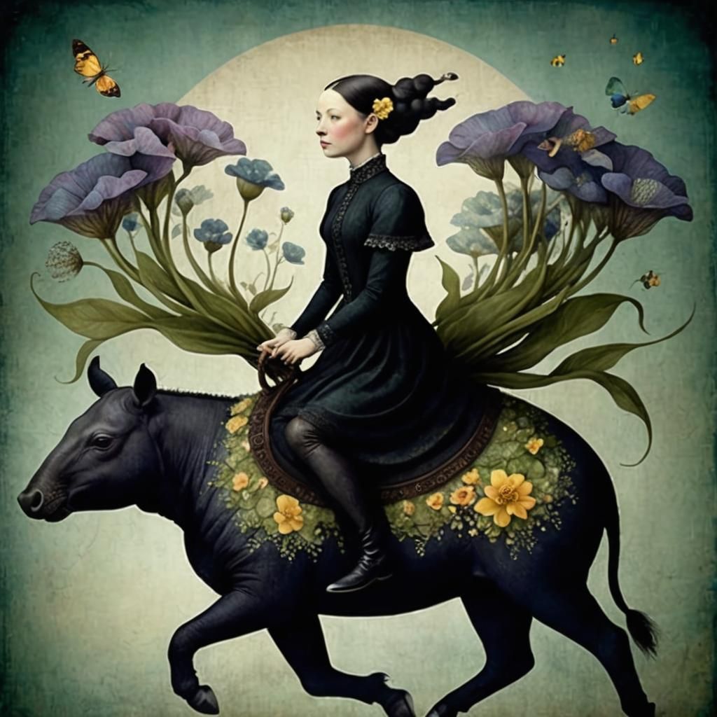 Surreal Being on Tapir with Fantastical Flora