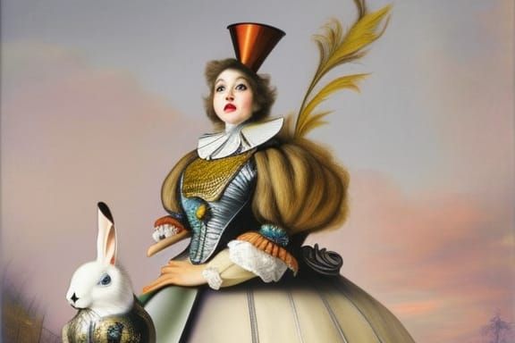 White Rabbit Chasing Time in Baroque Still Life