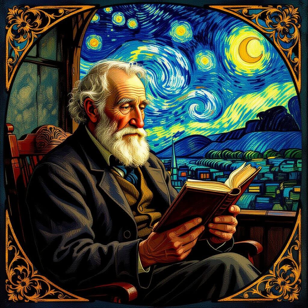 Art Nouveau Old Man Reading by Golden Light