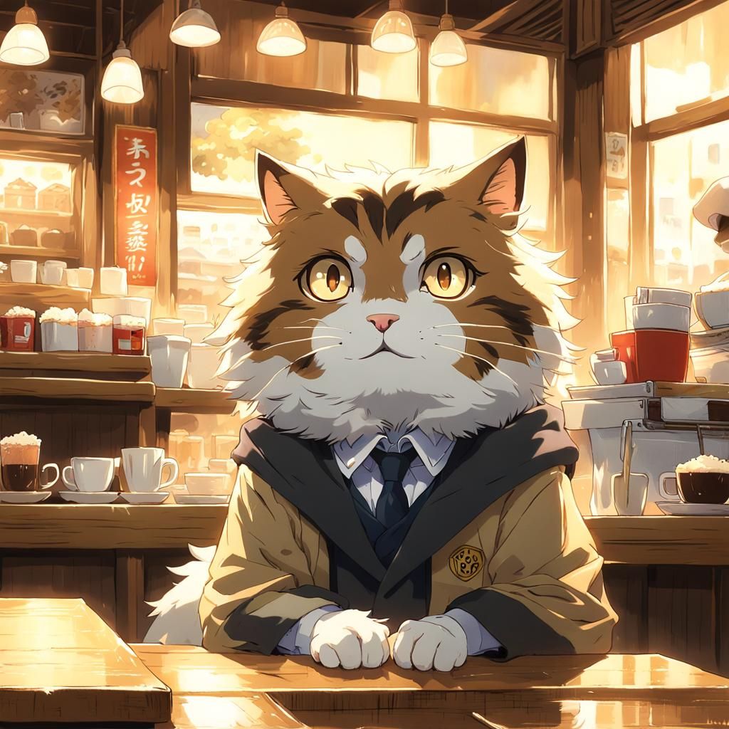 Anime Cat in Coffee Shop, Cel-Shaded Style