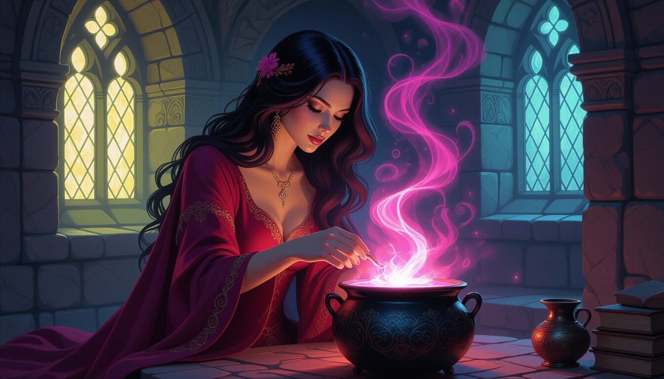 Sorceress Brews Luminous Love Potion in Painterly Style