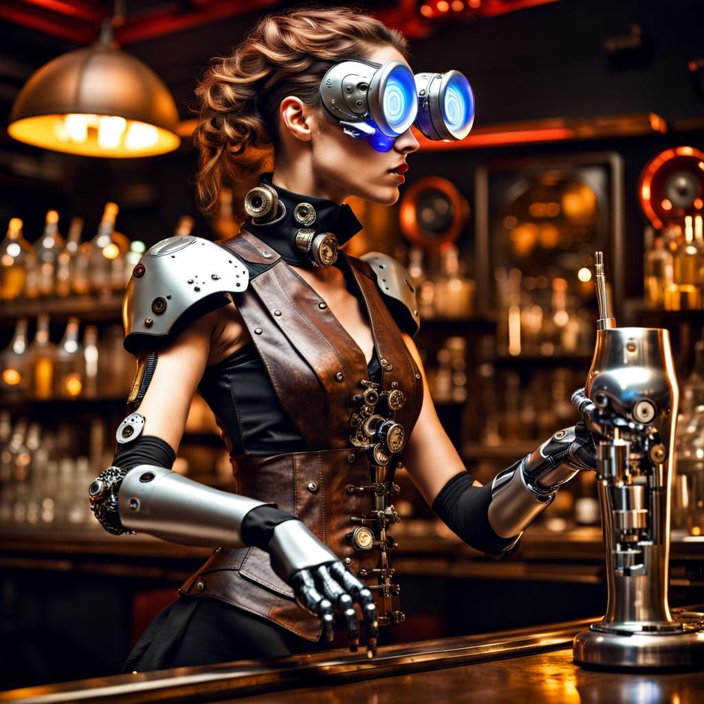 Futuristic Steampunk Cyborg Bartender Model