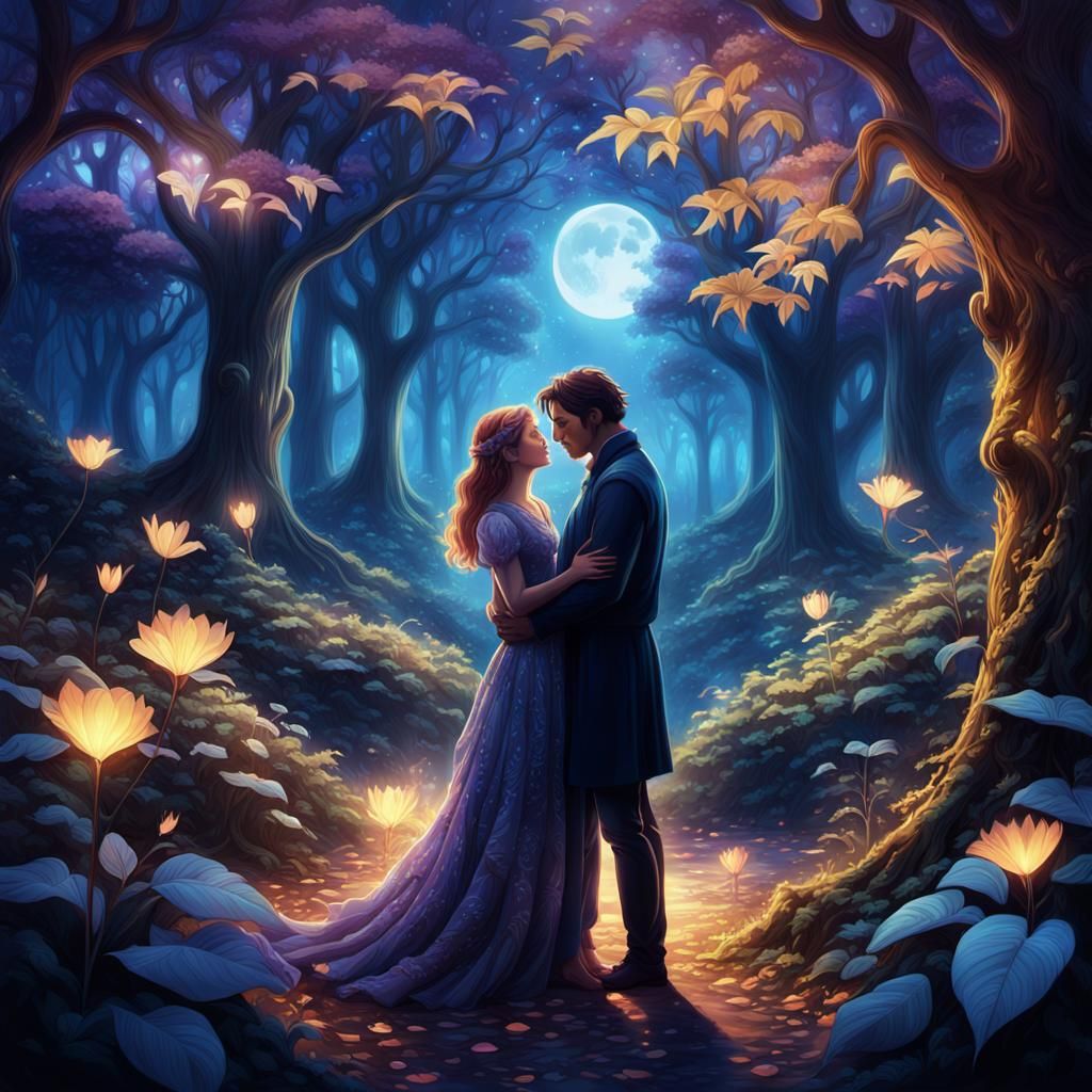Romantic Embrace in Mystical Moonlit Garden
