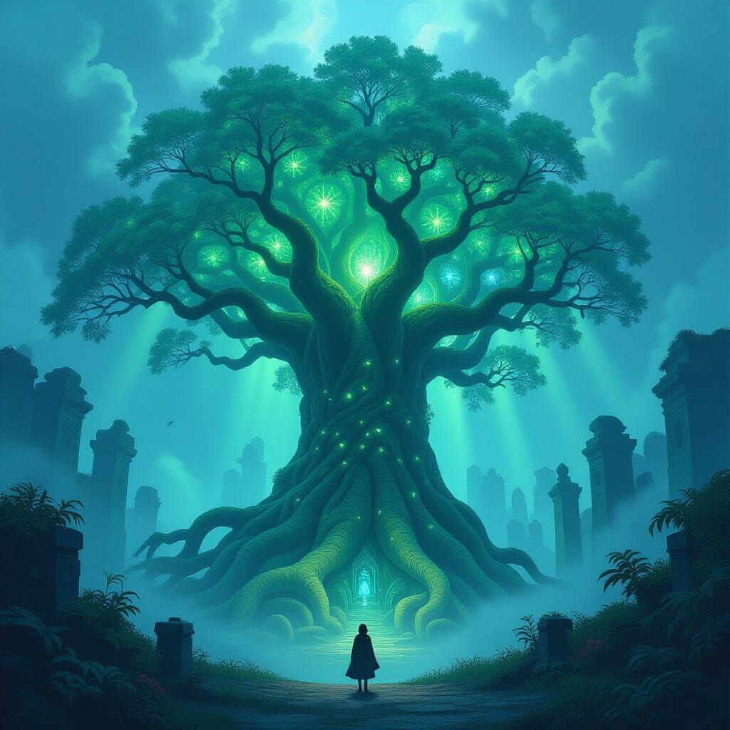 Ancient Bioluminescent Tree in Ethereal Forest