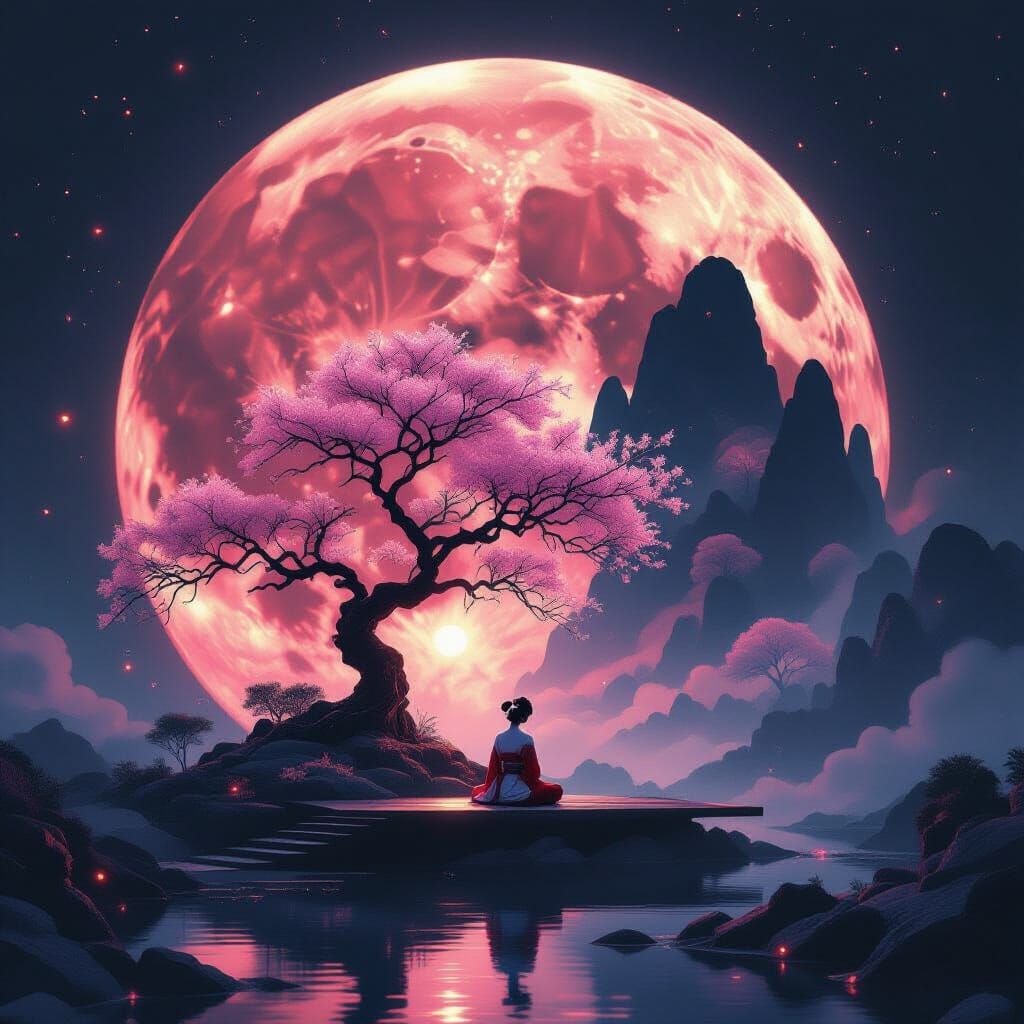 Surreal Moonscape with Geisha and Luminous Tree