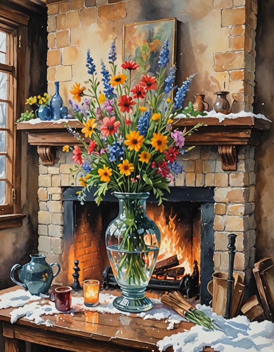Vase of Flowers by Fireplace in Gouache Style