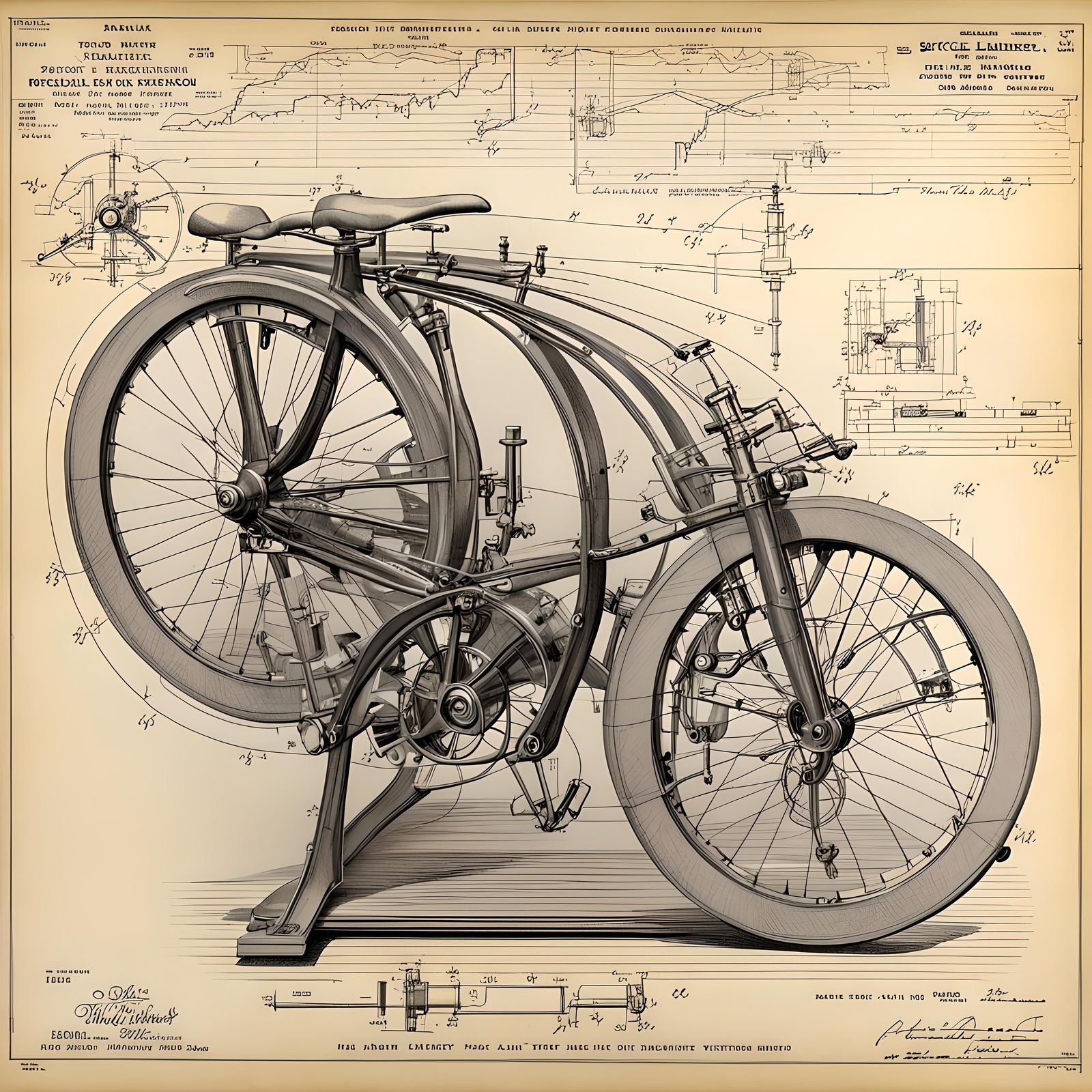 Bicycle Mechanical Design Line Drawing