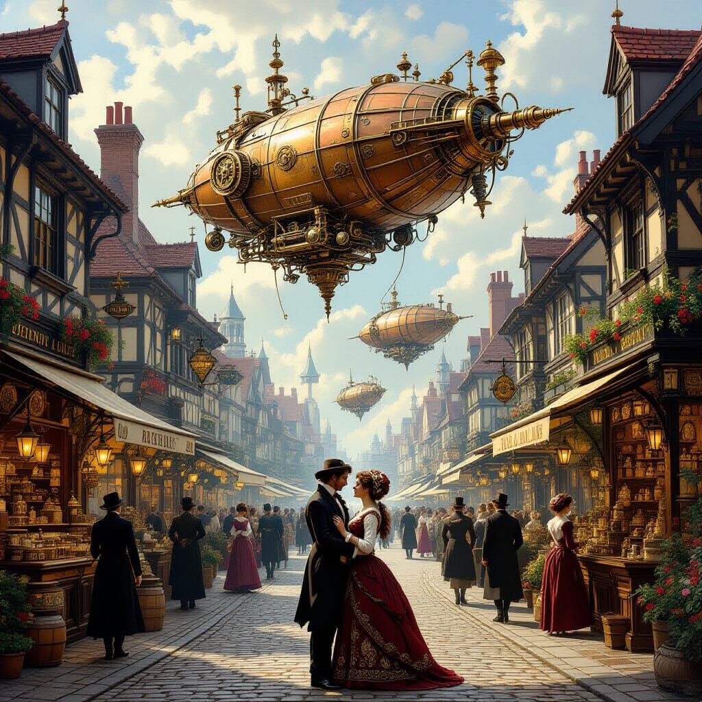 Steampunk Victorian Marketplace with Airships and Pocket Wat...