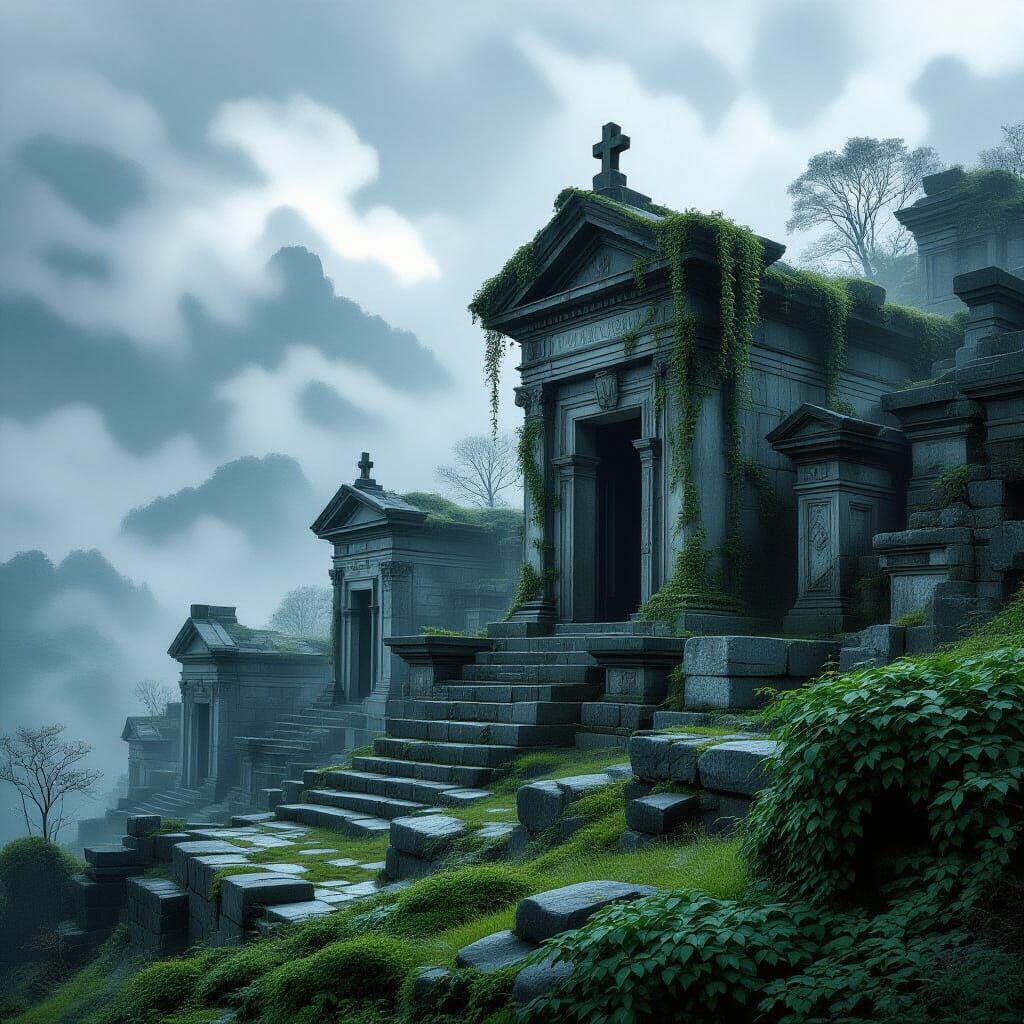 Ancient Necropolis on Hill with Chiaroscuro Lighting