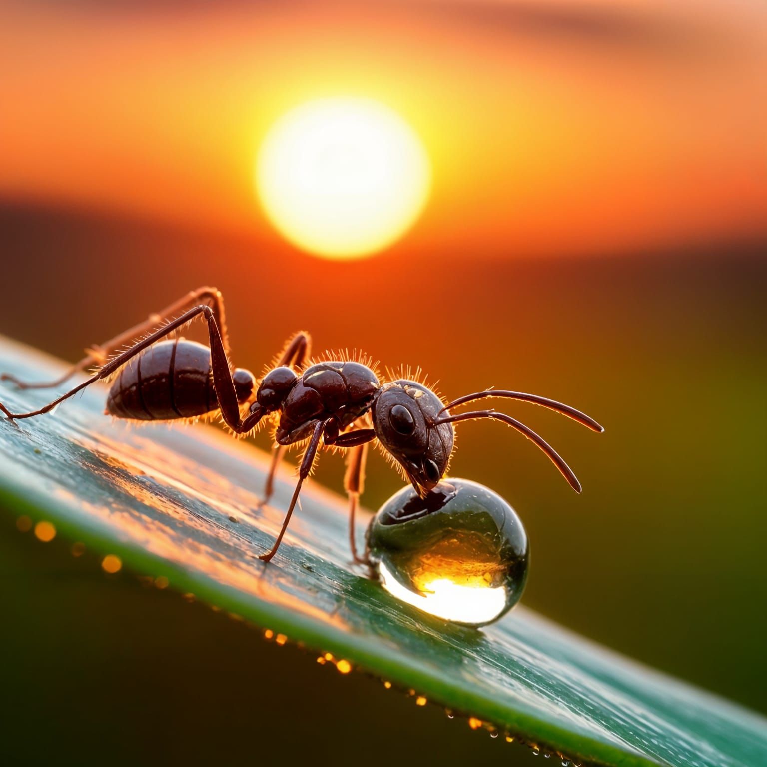 Ant Drinking Dewdrop at Sunset: Macro Photography