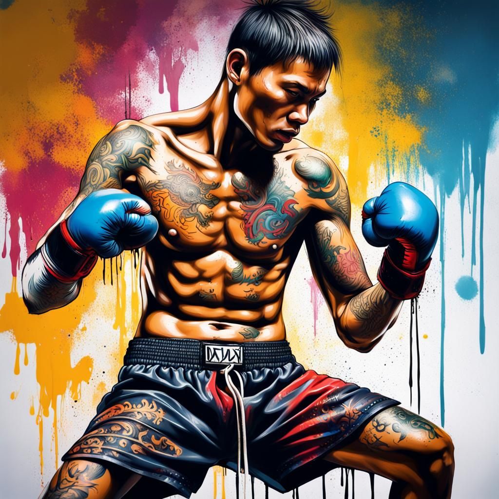 Tattooed Muay Thai Kickboxer in Graffiti Art Style