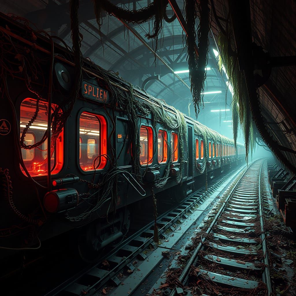Hyper-Realistic Futuristic Train Abandoned by Vines and Fadi...